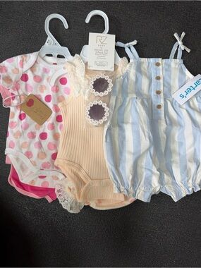 Baby Girls' 3-Pack Romper Set - Pink, Peach, Blue Stripe NWT 0-3mo